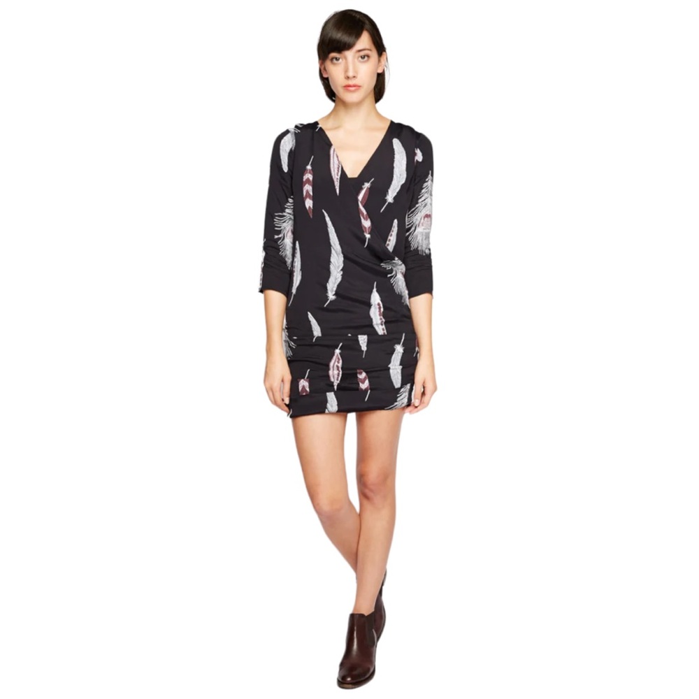 Line & Dot Karam Feather Print Drape Front Black Dress - Size M - Brand New
